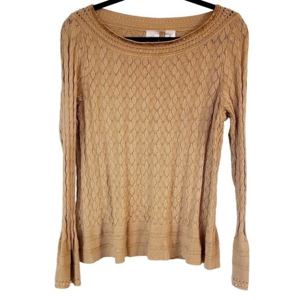 Emma James crochet top XL tan beaded bell cuff Gold